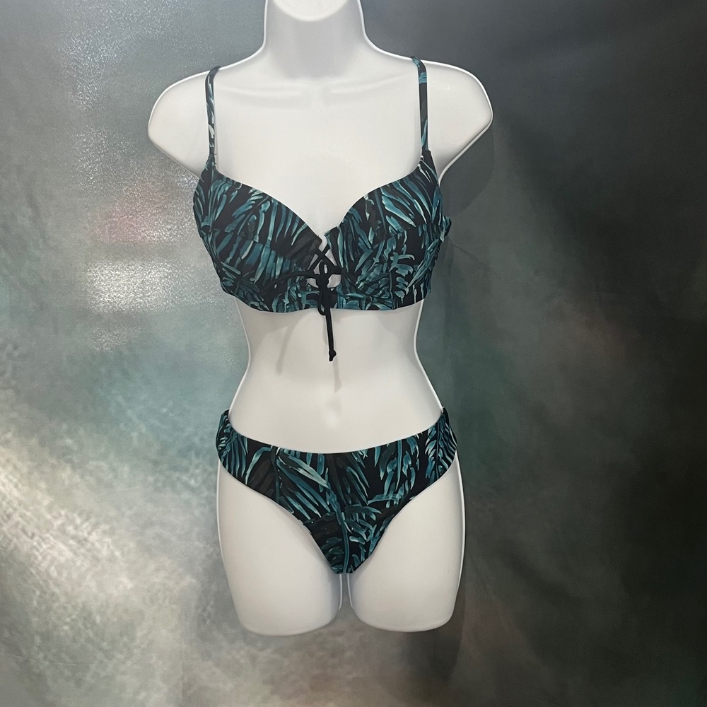 Jack Wills Womens Teal Tropical Palm Leaf Underwire Lace Up Bikini Size US 10